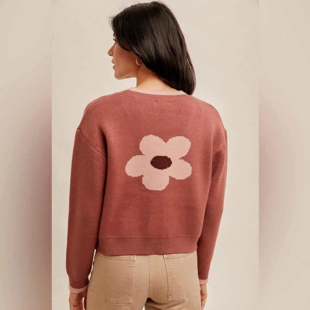 HEM & THREAD Flower Boxy Cardigan L 22” p2p Terra Rose $50 Retail NWT - Picture 10 of 13